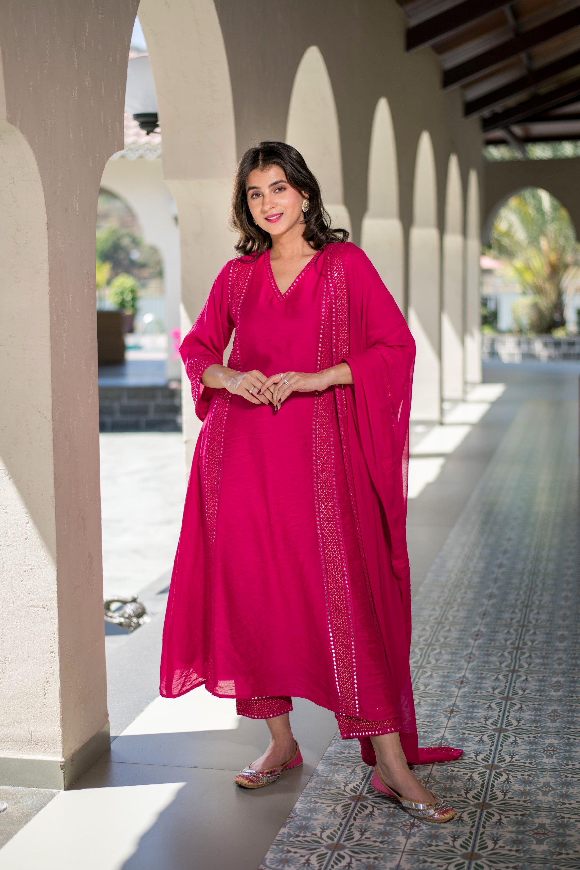 Rani Pink Phulkari Cotton Long Kurta