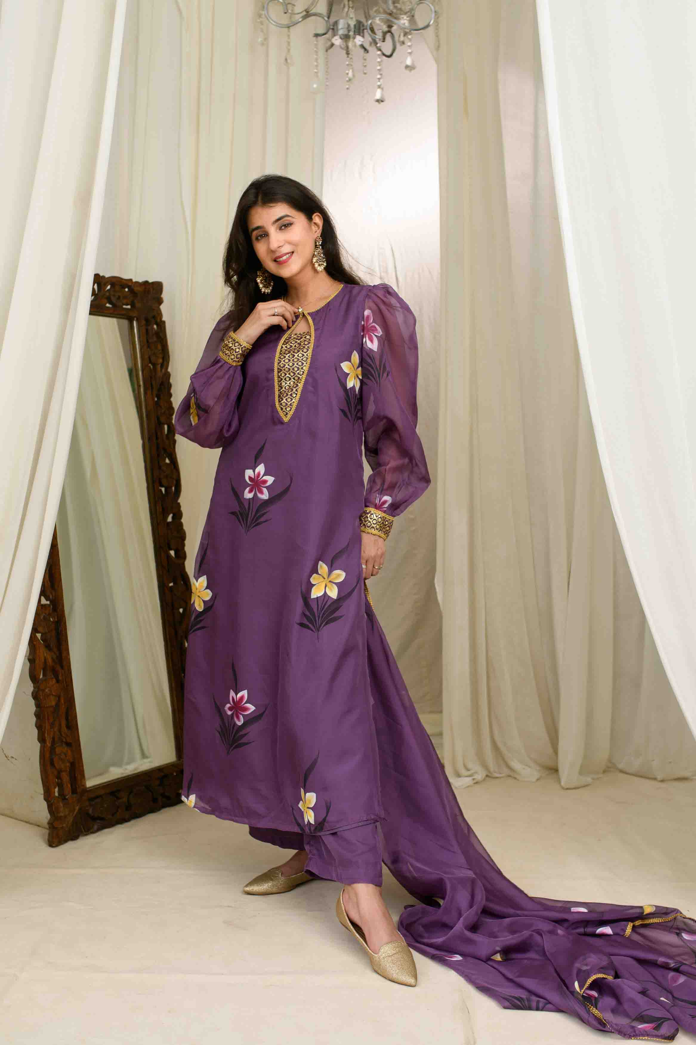 Purple Cut and Sew High Low Linen Kurta Set