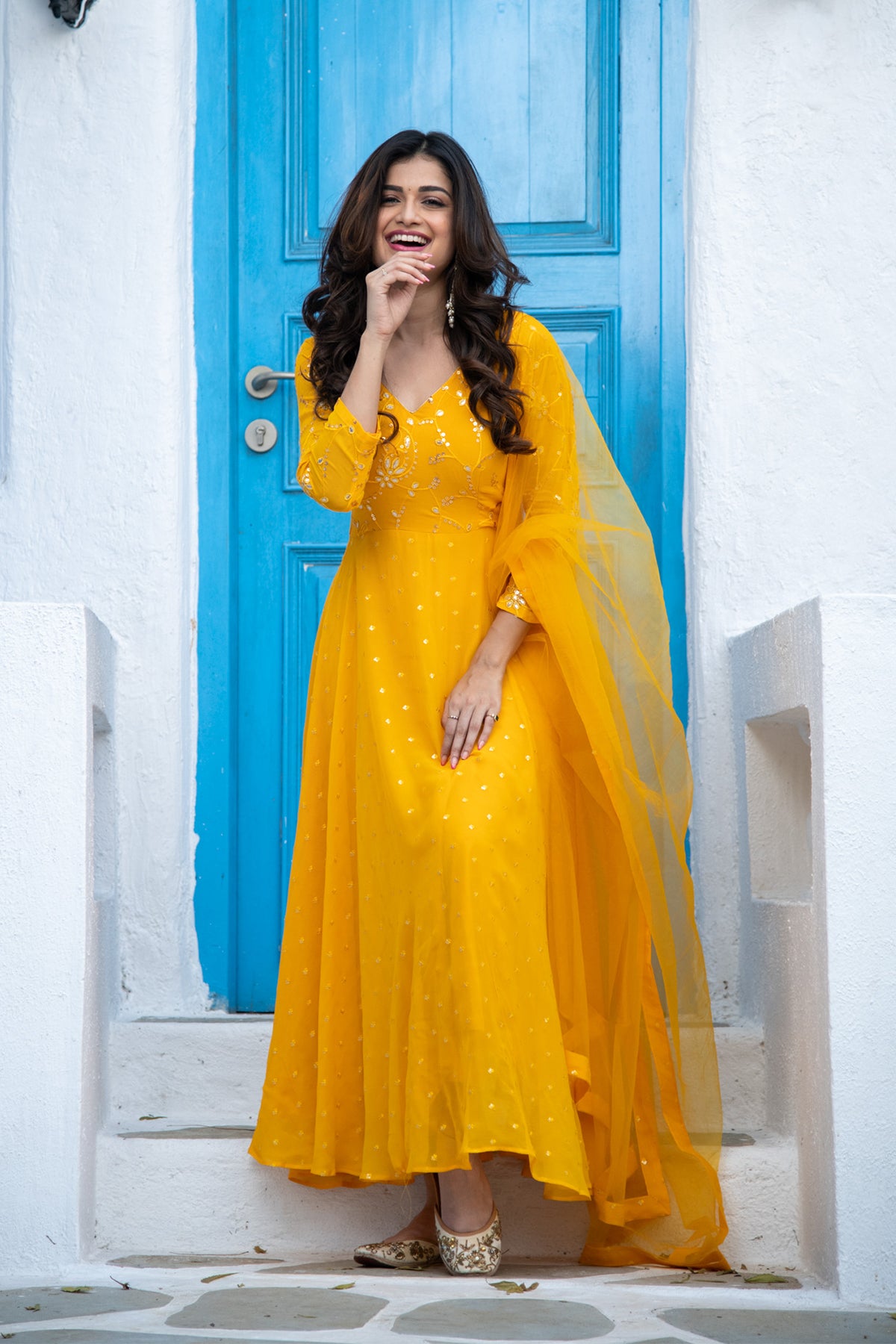 Yellow Georgette Anarkali Palazzo Suit In Georgette With Zari
