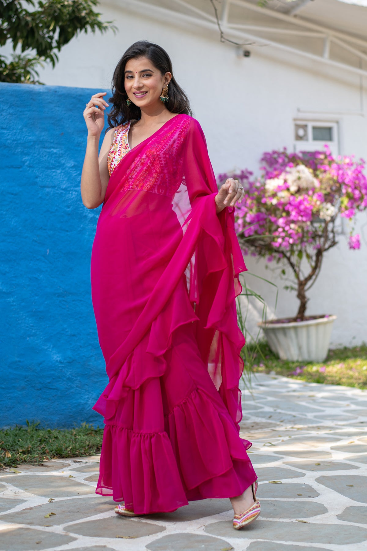 Buy Online In India, Rani Pink Ruffle Saree