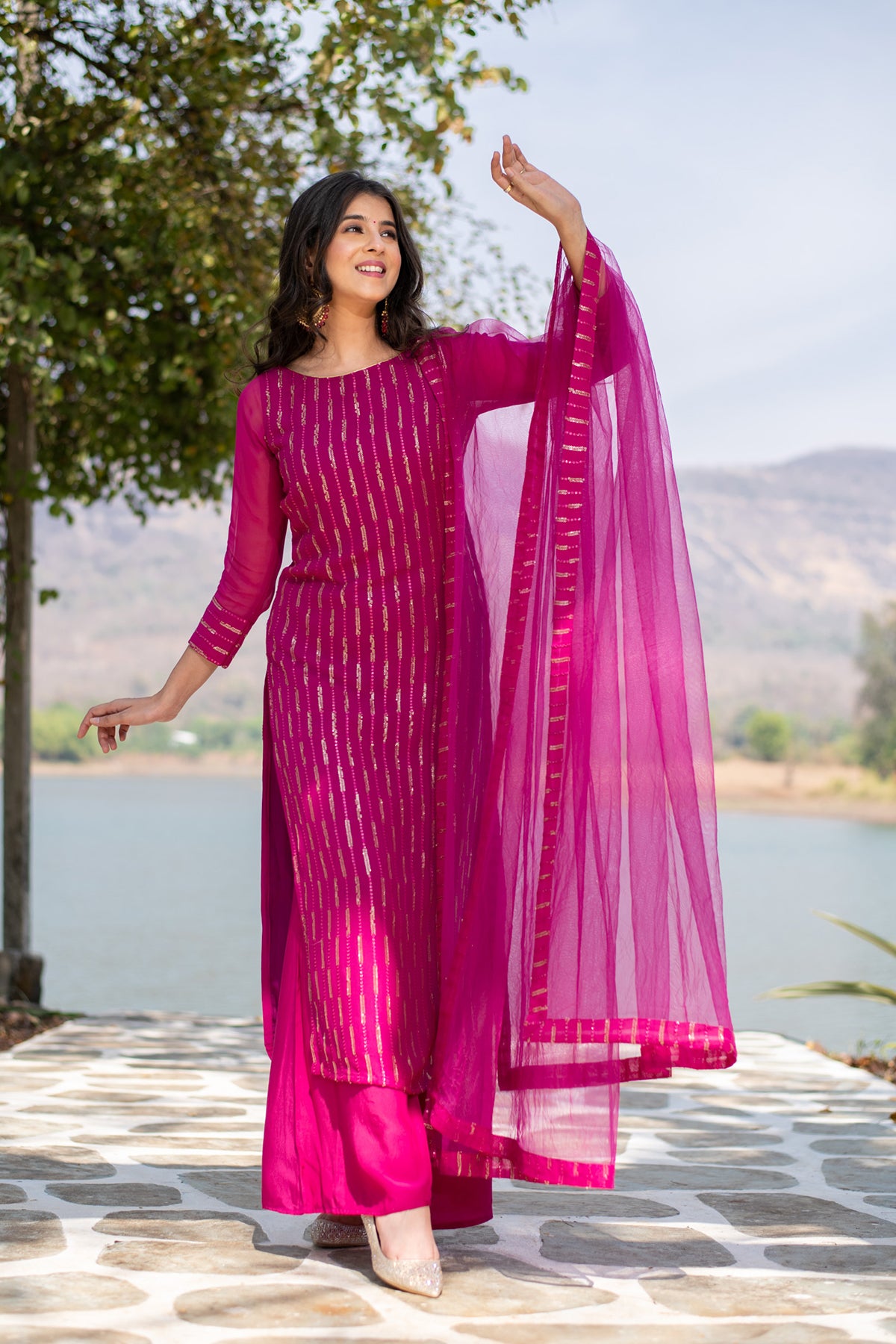 Buy Online in India, Rani Pink Heavy Kurta With Pallazo