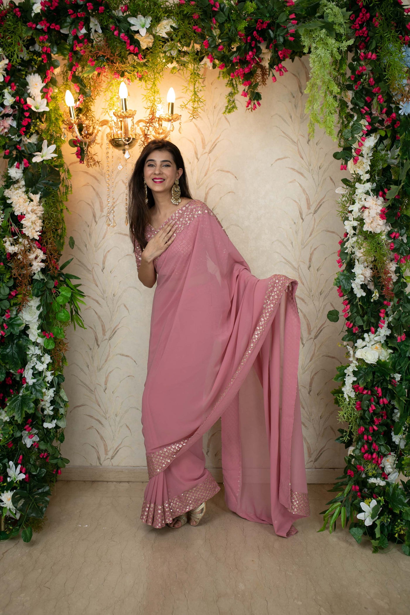 Dusty Pink Saree With Heavy Sequin Border