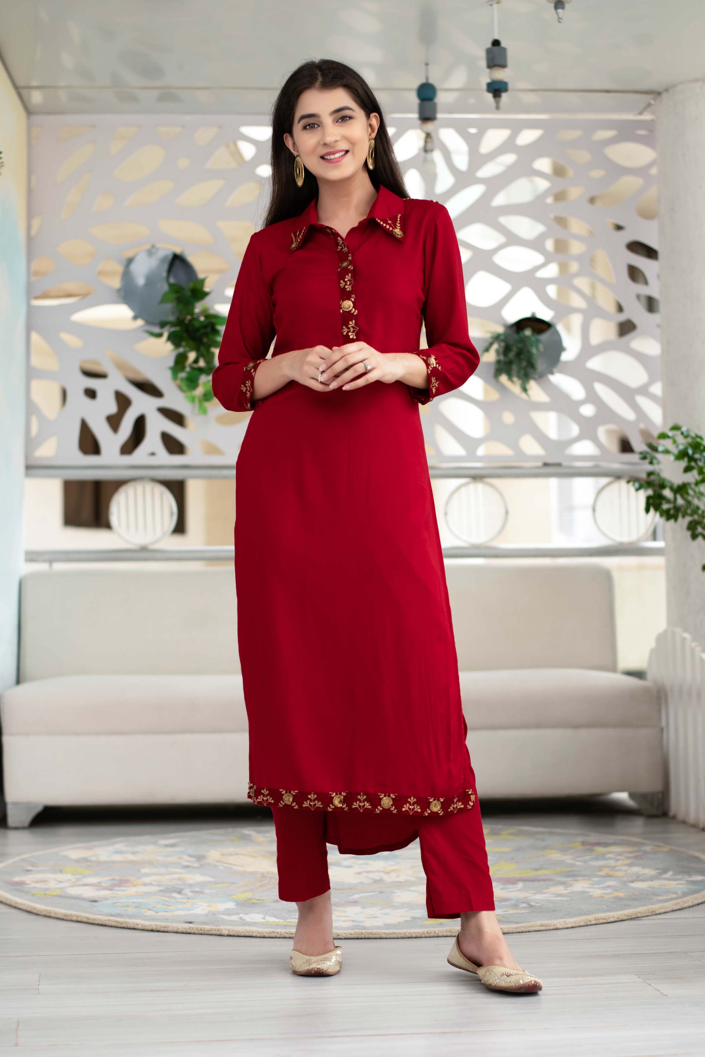 Maroon Checkered Thread Work Kurta Set - Rent main image 1