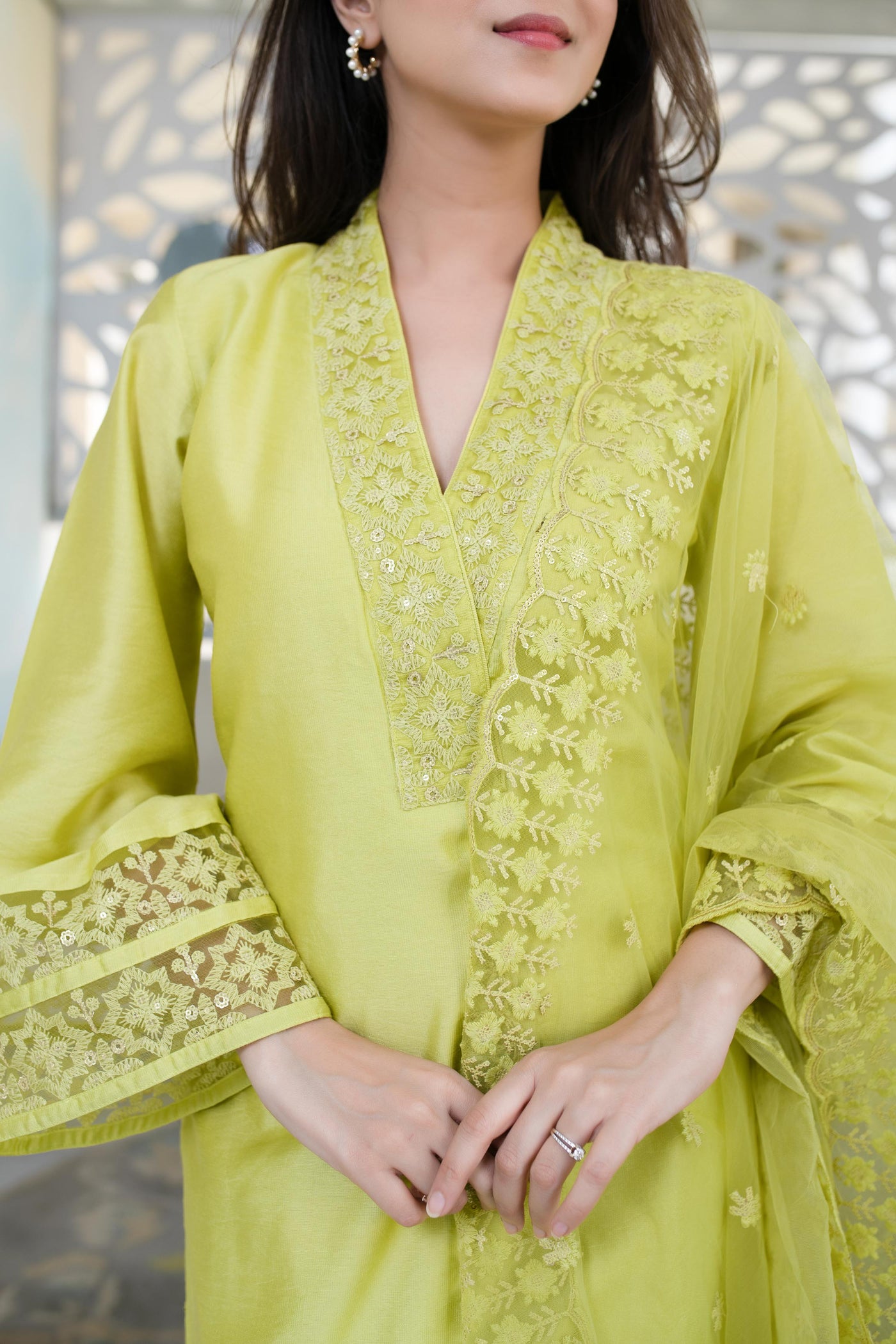 Lime Green Kurta With Lace Work