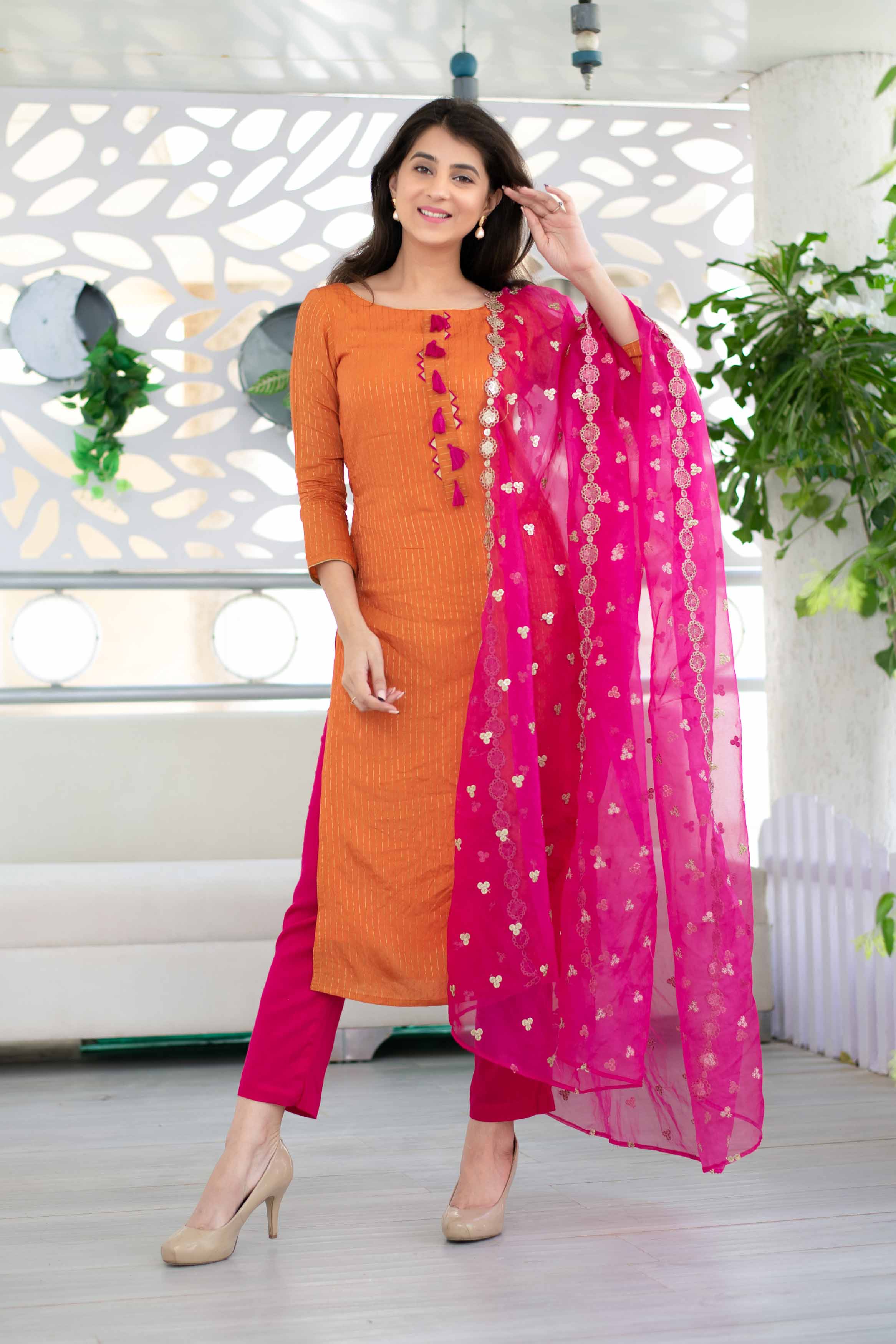 orange and pink combination dress material Buy Light Brown And Orange Combination,Orange and Pink Floral Embroidery Full Length Chanderi Cotton Silk Dress Material with Dupatta Festival collection at Amazon.in