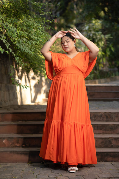 Plus Size Orange Pleated Gown