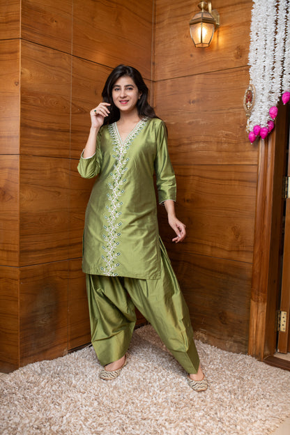 Olive Green Floral Embroidered Co-ord Set