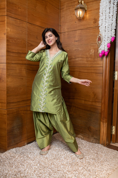 Olive Green Floral Embroidered Co-ord Set