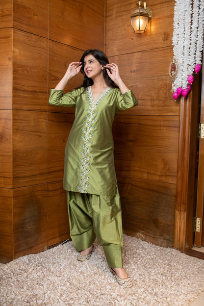 Olive Green Floral Embroidered Co-ord Set