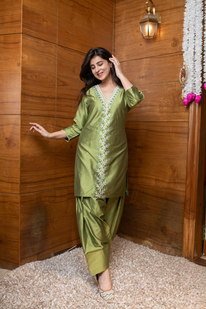 Olive Green Floral Embroidered Co-ord Set