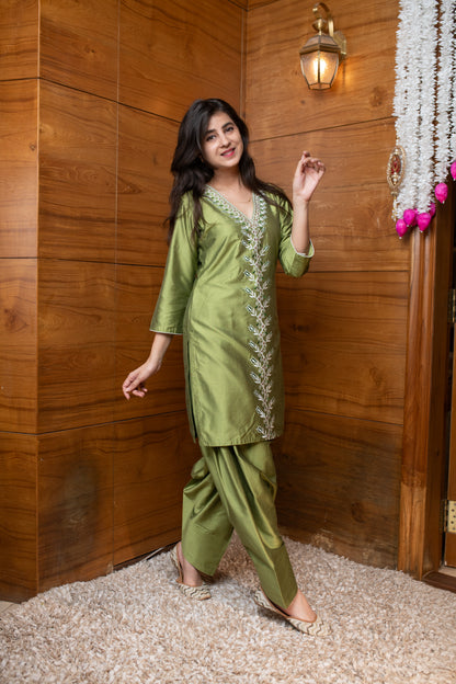 Olive Green Floral Embroidered Co-ord Set