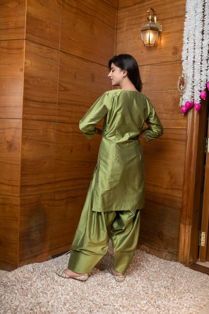 Olive Green Floral Embroidered Co-ord Set