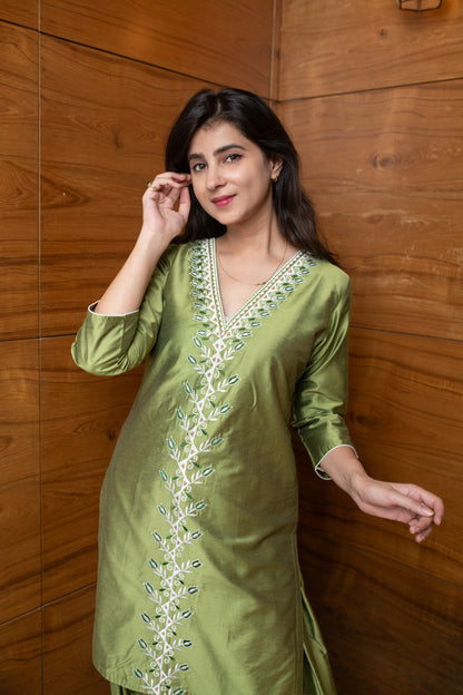 Olive Green Floral Embroidered Co-ord Set
