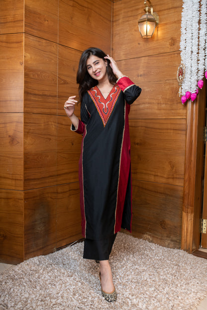 Black and Red Embroidered Coord Set