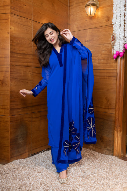 Electric Blue Floral Patchwork Suit Set