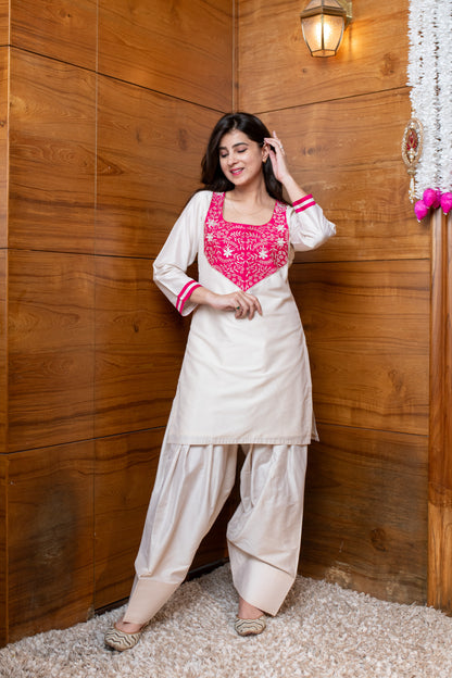 Cream & Pink Embroidered Co-ord Set