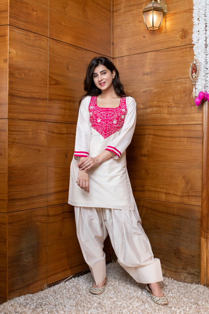 Cream & Pink Embroidered Co-ord Set