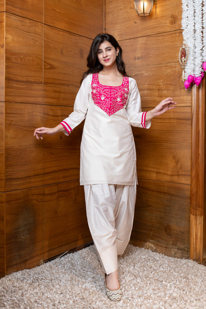 Cream & Pink Embroidered Co-ord Set