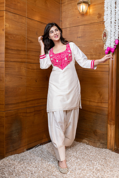 Cream & Pink Embroidered Co-ord Set