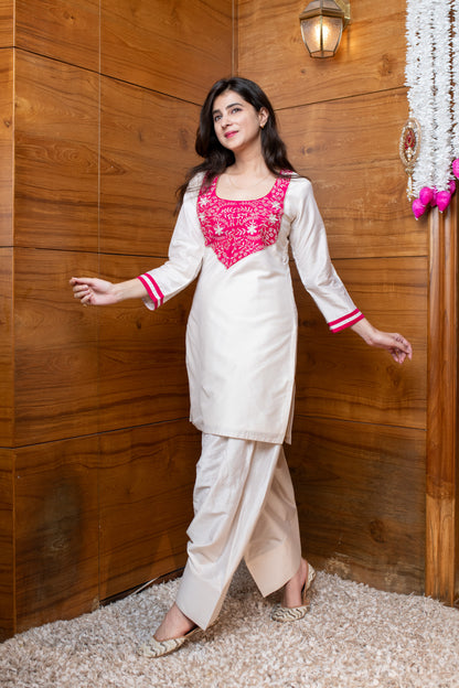Cream & Pink Embroidered Co-ord Set