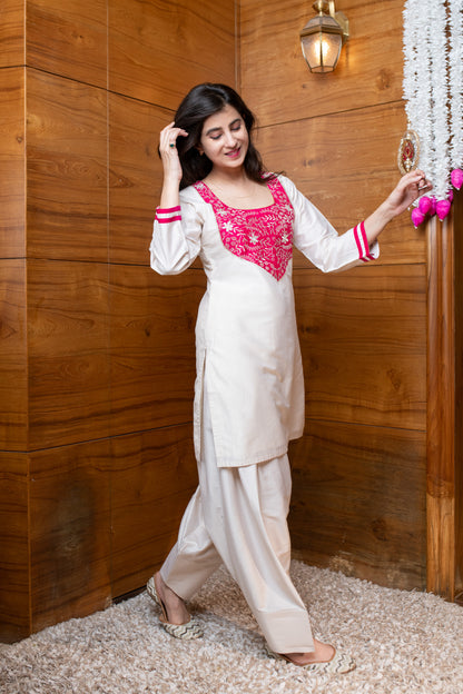 Cream & Pink Embroidered Co-ord Set