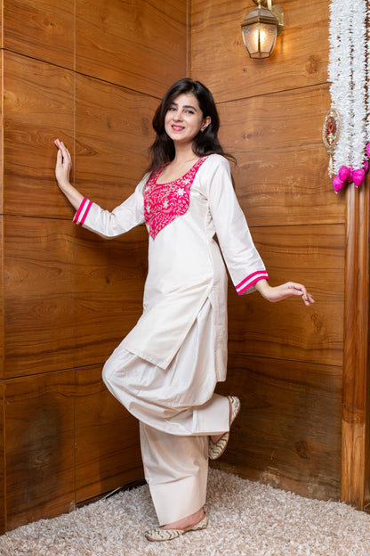 Cream & Pink Embroidered Co-ord Set