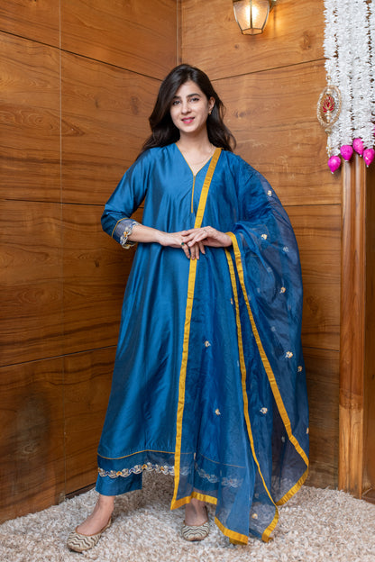 Blue & Mustard Embroidered Suit Set