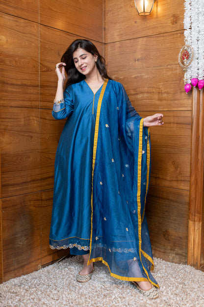 Blue & Mustard Embroidered Suit Set