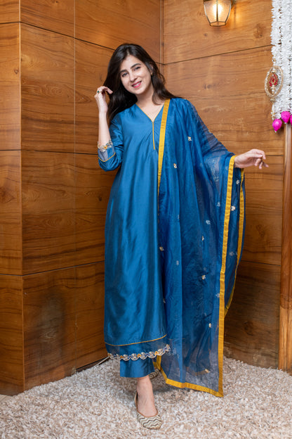 Blue & Mustard Embroidered Suit Set