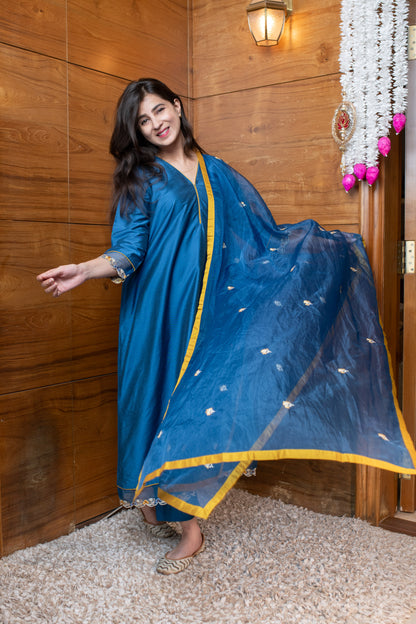 Blue & Mustard Embroidered Suit Set