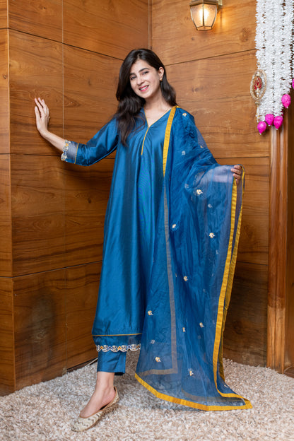 Blue & Mustard Embroidered Suit Set