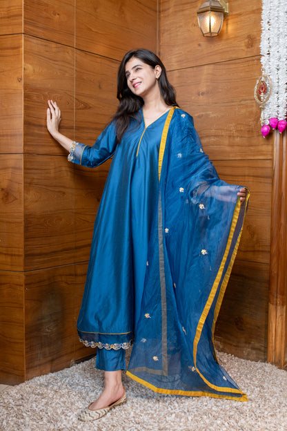 Blue & Mustard Embroidered Suit Set