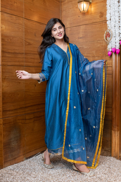 Blue & Mustard Embroidered Suit Set