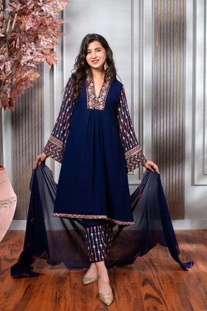 Blue Embroidery A-Line kurta Set