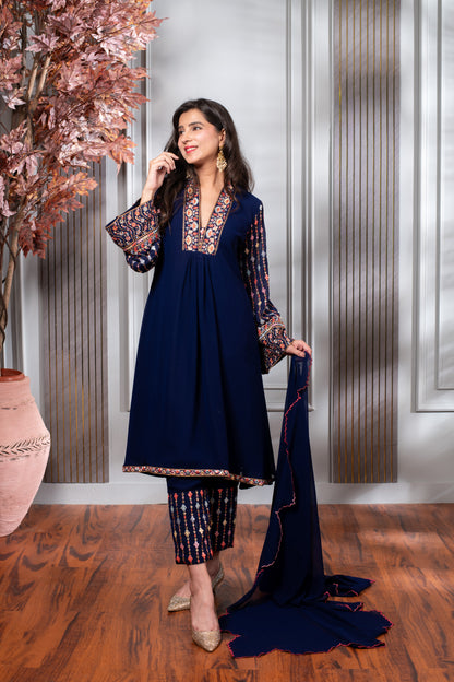 Blue Embroidery A-Line kurta Set