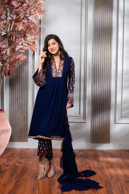 Blue Embroidery A-Line kurta Set