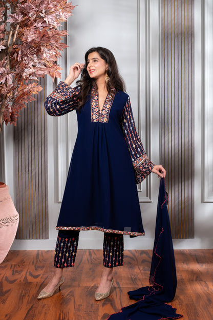 Blue Embroidery A-Line kurta Set