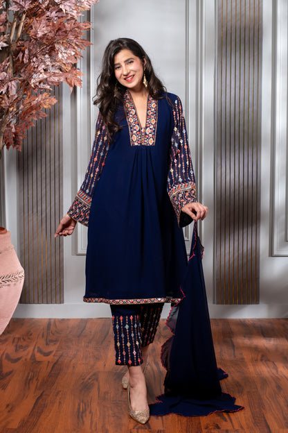 Blue Embroidery A-Line kurta Set