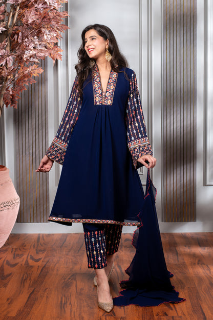 Blue Embroidery A-Line kurta Set