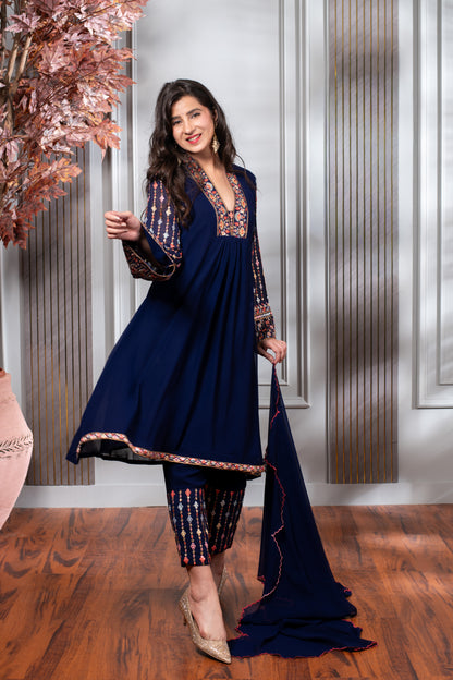 Blue Embroidery A-Line kurta Set