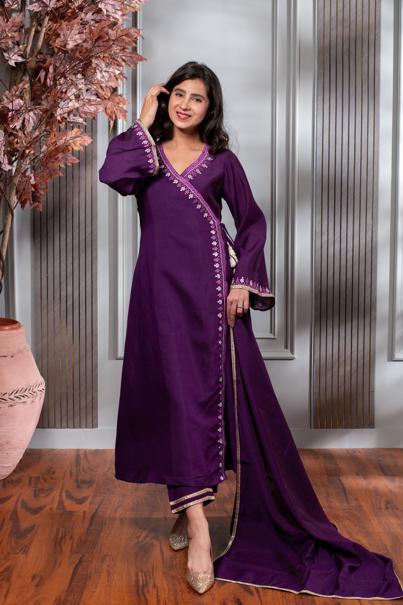 Purple Embroidered Anghrakha Kurta Set