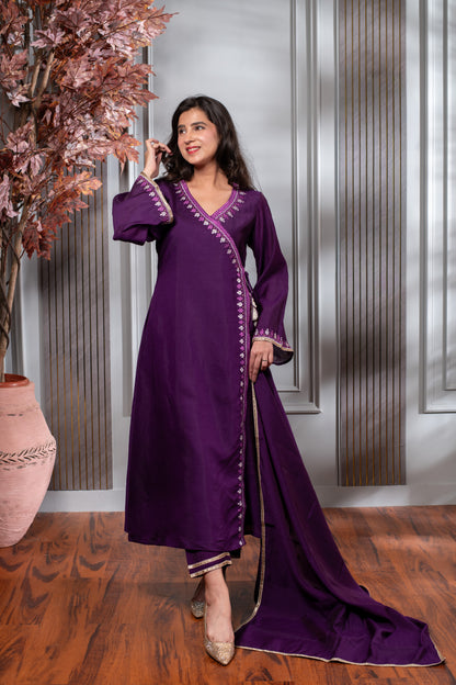 Purple Embroidered Anghrakha Kurta Set