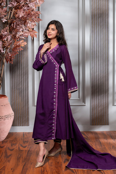 Purple Embroidered Anghrakha Kurta Set