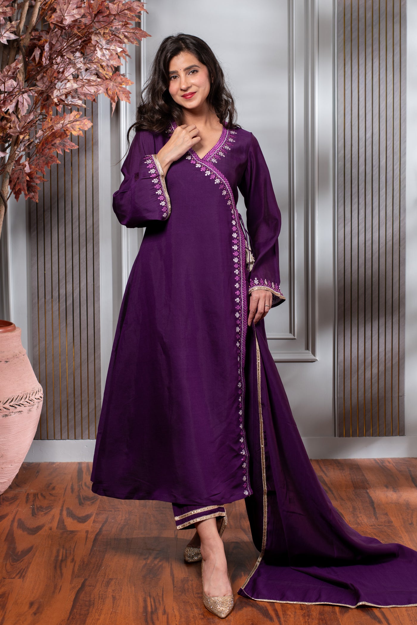 Purple Embroidered Anghrakha Kurta Set