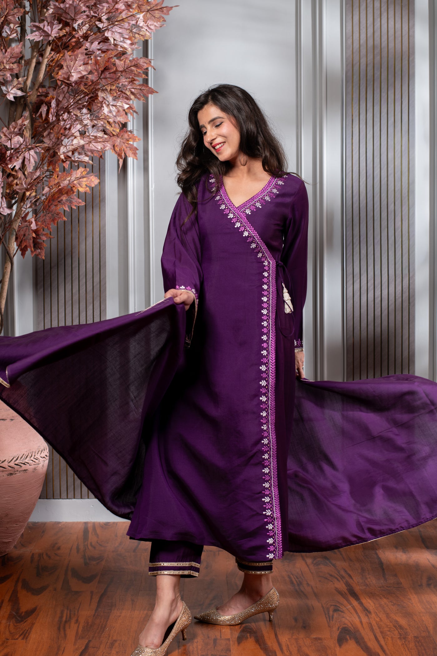 Purple Embroidered Anghrakha Kurta Set