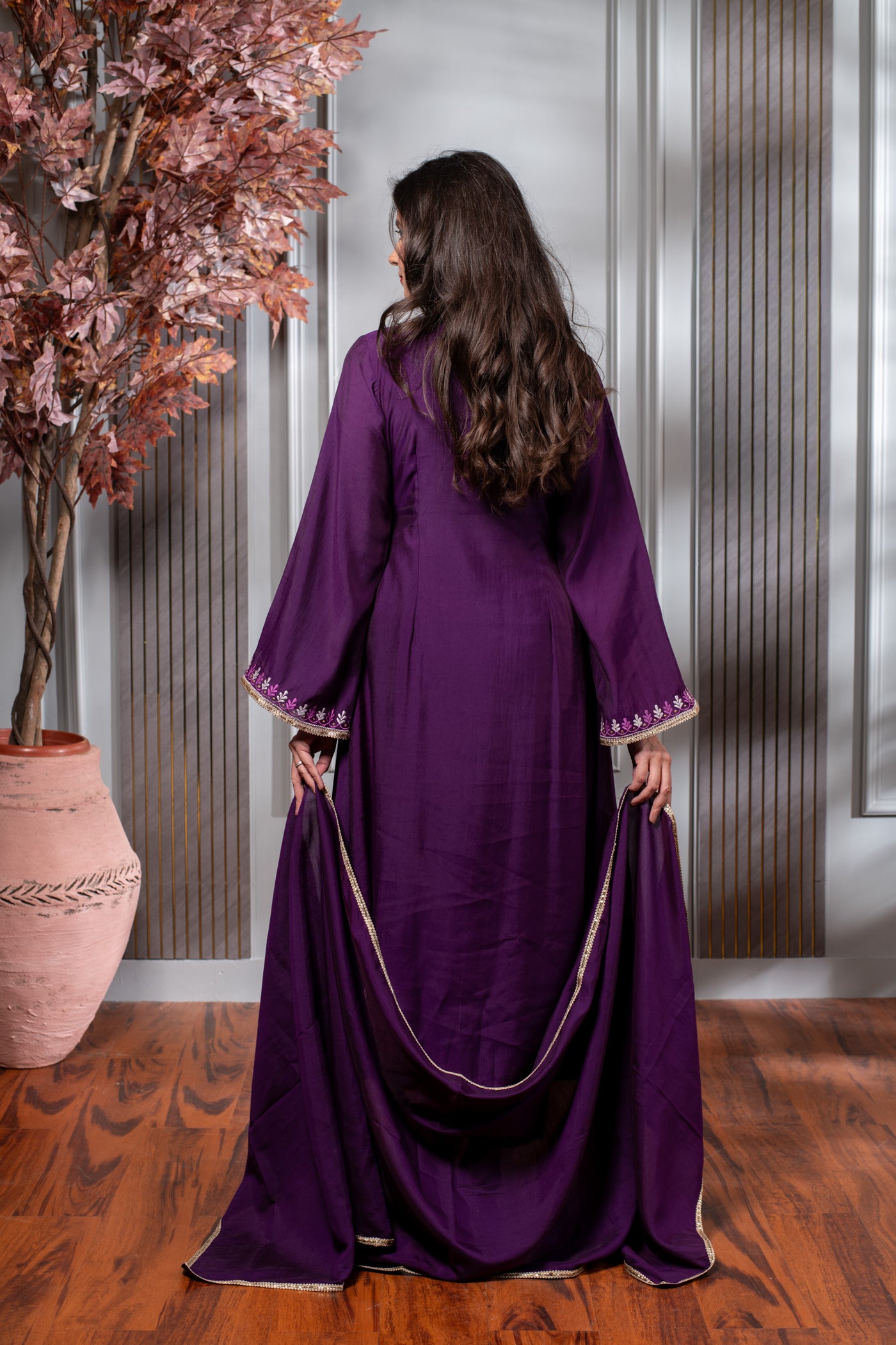 Purple Embroidered Anghrakha Kurta Set