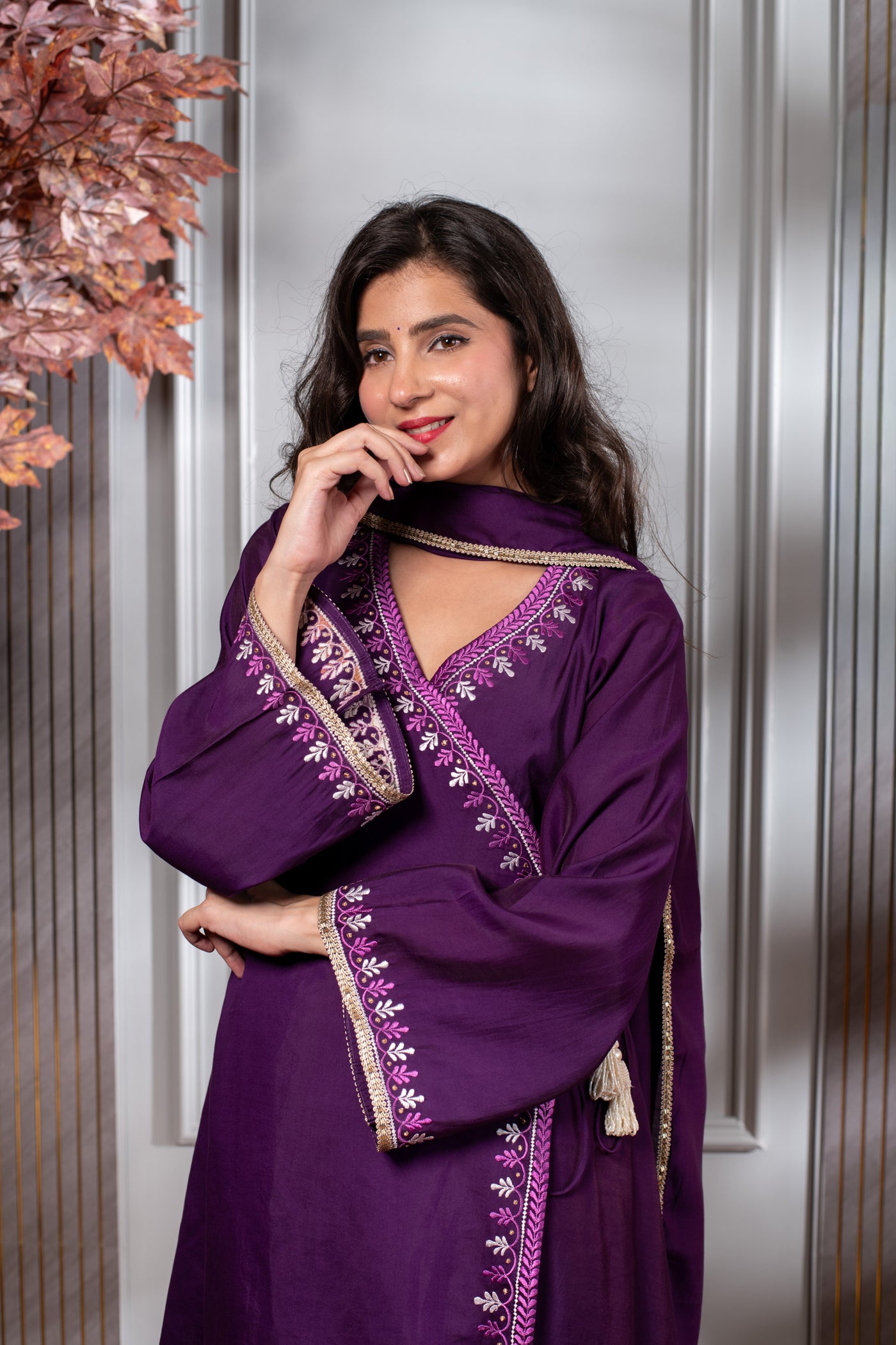 Purple Embroidered Anghrakha Kurta Set