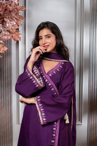 Purple Embroidered Anghrakha Kurta Set