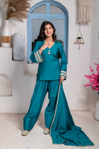 Teal Short Kurta With Farshi Salwar