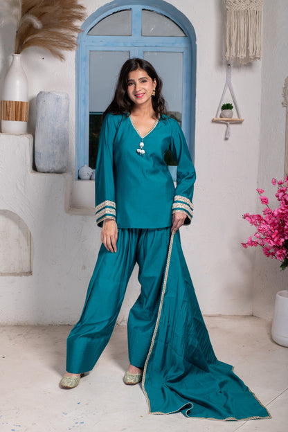 Teal Short Kurta With Farshi Salwar